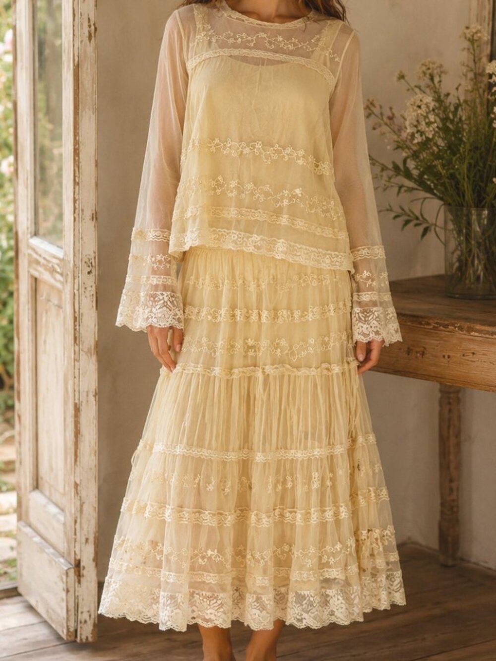 April Cornell Cream Ivory Lace Embroidered Boho Maxi Skirt Top Set Medium